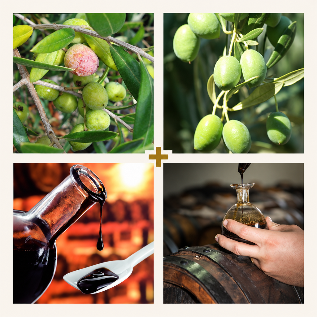 The Connoisseur Signature Four — two current-harvest EVOOs and two aged balsamics